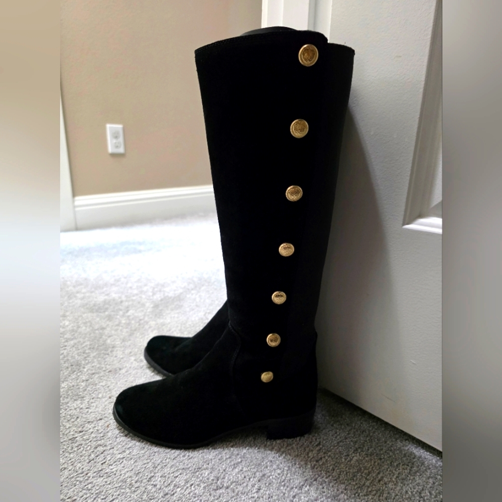 Black Knee-High Boots with Gold Buttons